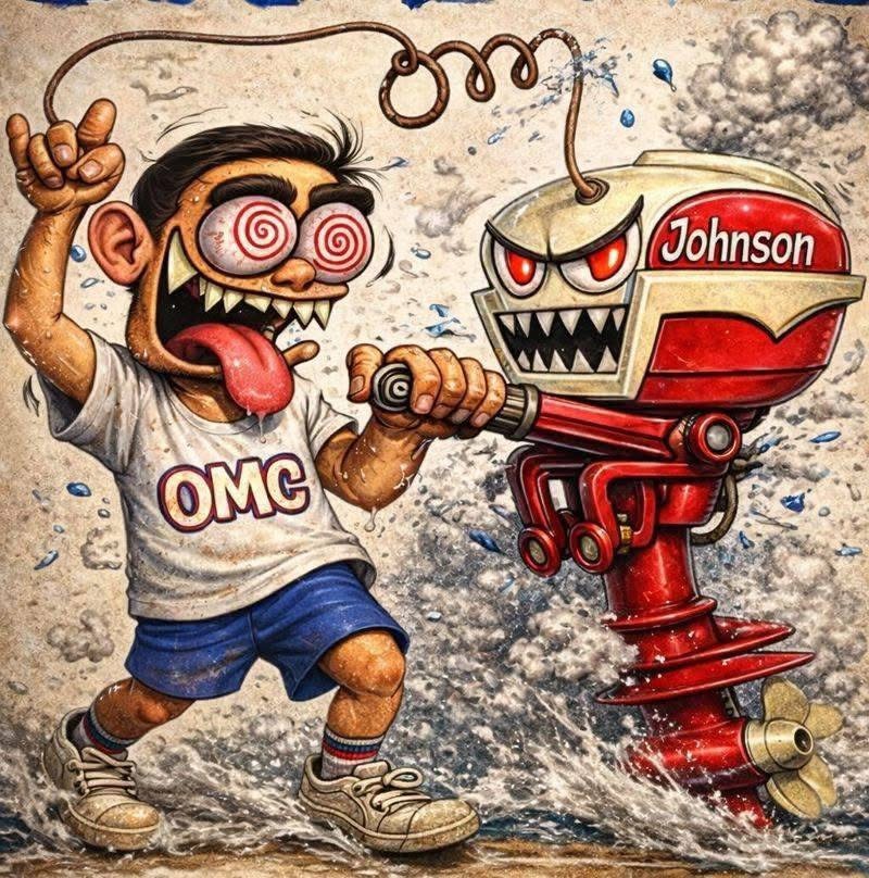 Original cartoon illustration of a wild-eyed mechanic with spiral eyes, in an OMC T-shirt, hanging on to a snarling red and cream vintage Johnson outboard as water sprays around them.